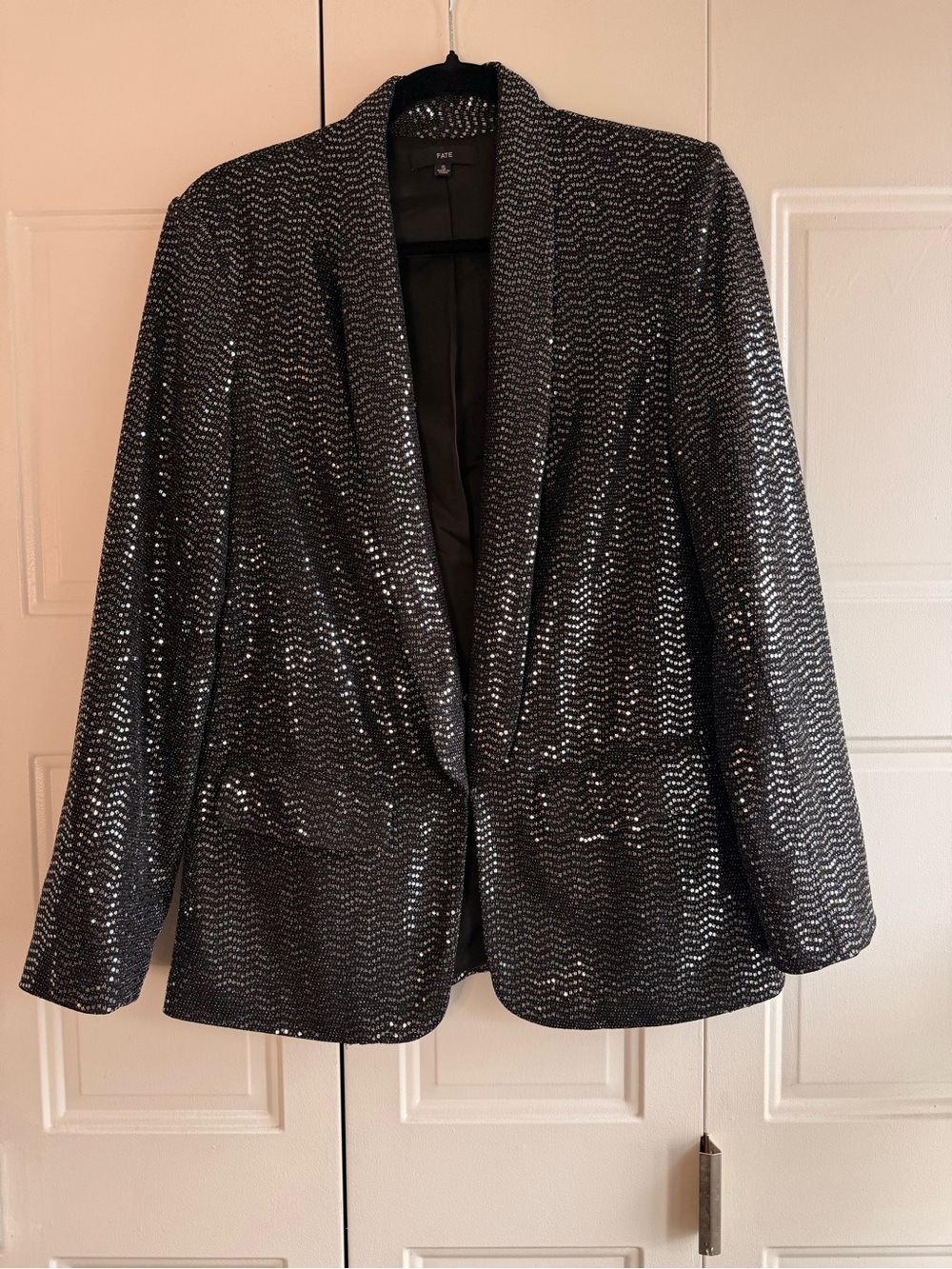 FATE Black Sequin Blazer Jacket Open Front Shawl Lapel Size S Glam Holiday Night